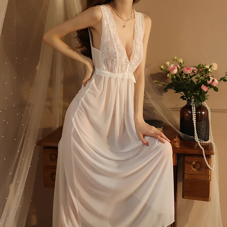 CHINEE Women Long Wedding Night Dress Lace Perspective Gowns Vintage Nightgown Elegant Low cut Nightdress Sleeveless Sleep Night Wear