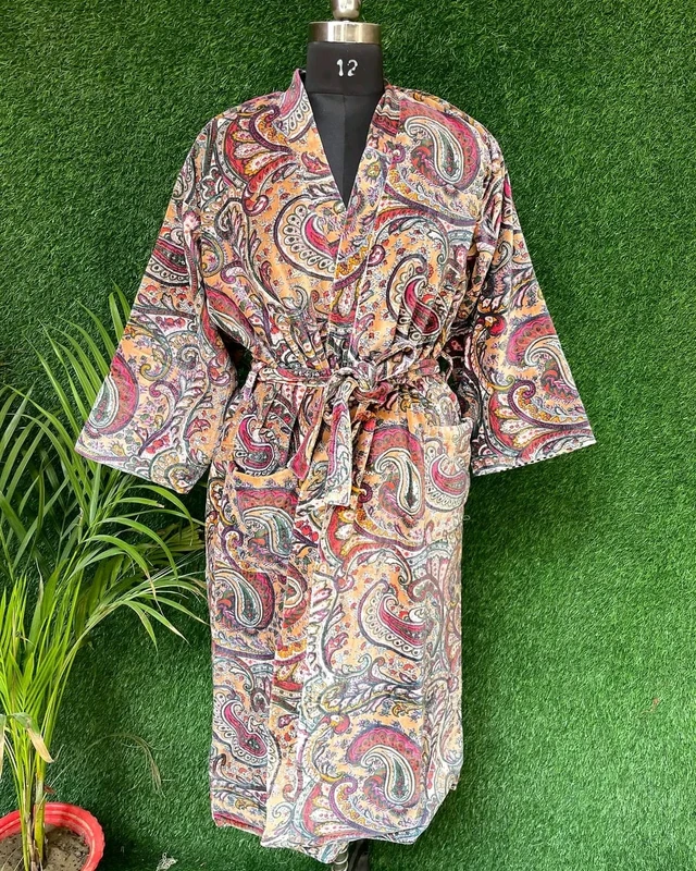 CHINEE Women Paisley Loungewear Robe Kimono Bathrobe Belted Long Sleepwear Home Wear