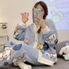 CHINEE Women Pajamas 2 Pcs Sets Flannel Long Sleeve Casual Sleepwear Cartoon Warm Winter Women Home Wear