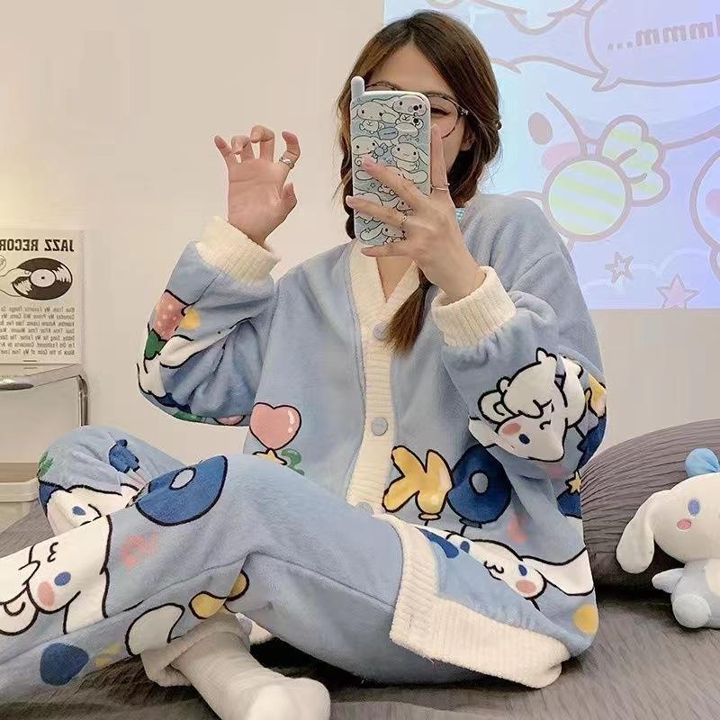 CHINEE Women Pajamas 2 Pcs Sets Flannel Long Sleeve Casual Sleepwear Cartoon Warm Winter Women Home Wear