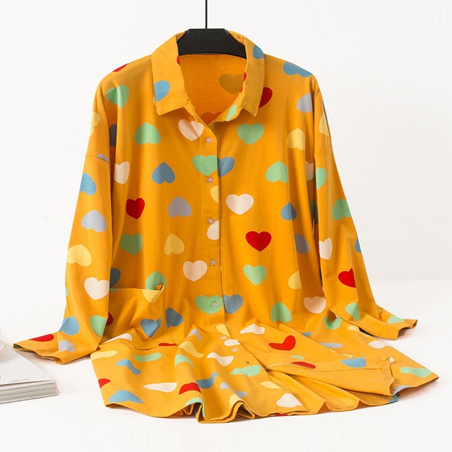 CHINEE Women Pajamas Sleepwear Ladies Cotton Long Sleeves Hearts Print T Shirt Loose Nightdress Nightgown