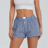 CHINEE Women Plaid Sleep Bottoms Buttons Elastic High Waist Pajama Shorts Vintage Summer Female Casual Loose Straight Short Pants
