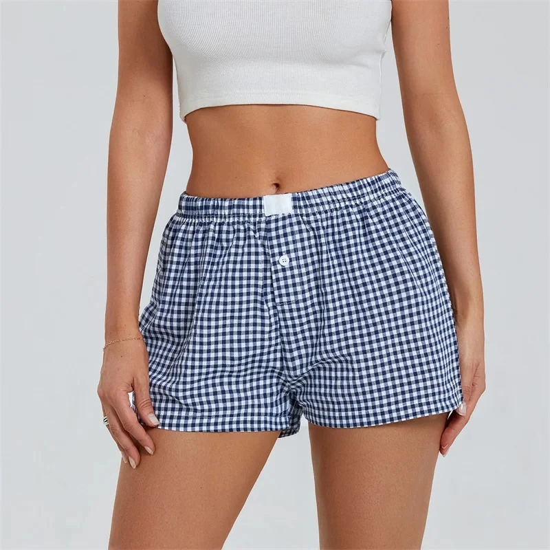 CHINEE Women Plaid Sleep Bottoms Buttons Elastic High Waist Pajama Shorts Vintage Summer Female Casual Loose Straight Short Pants