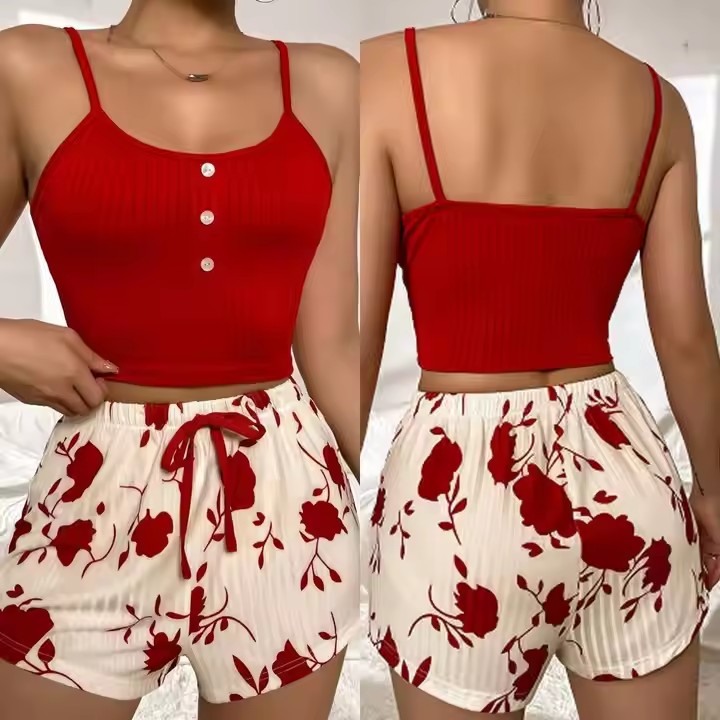CHINEE Women Ribbed Camisole Set with Drawstring Shorts Sexy Two Piece Sleepwear Pajama Loungewear