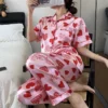 CHINEE Women Satin Pajama Set Lapel Short Sleeve Long Pants Heart Print Breathable Sleepwear OEM