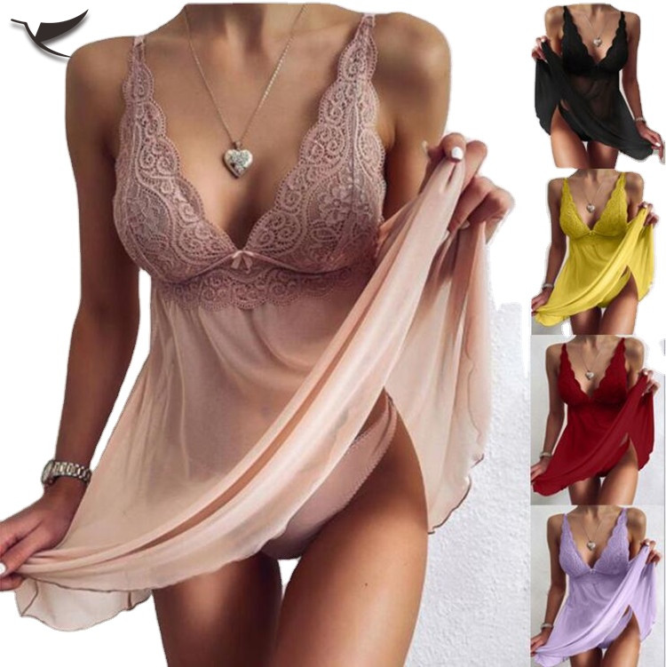 CHINEE Women Sexy Chiffon Lingerie V Neck Slip Dress Hollow Lace Nightdress Pajama Sleepwear