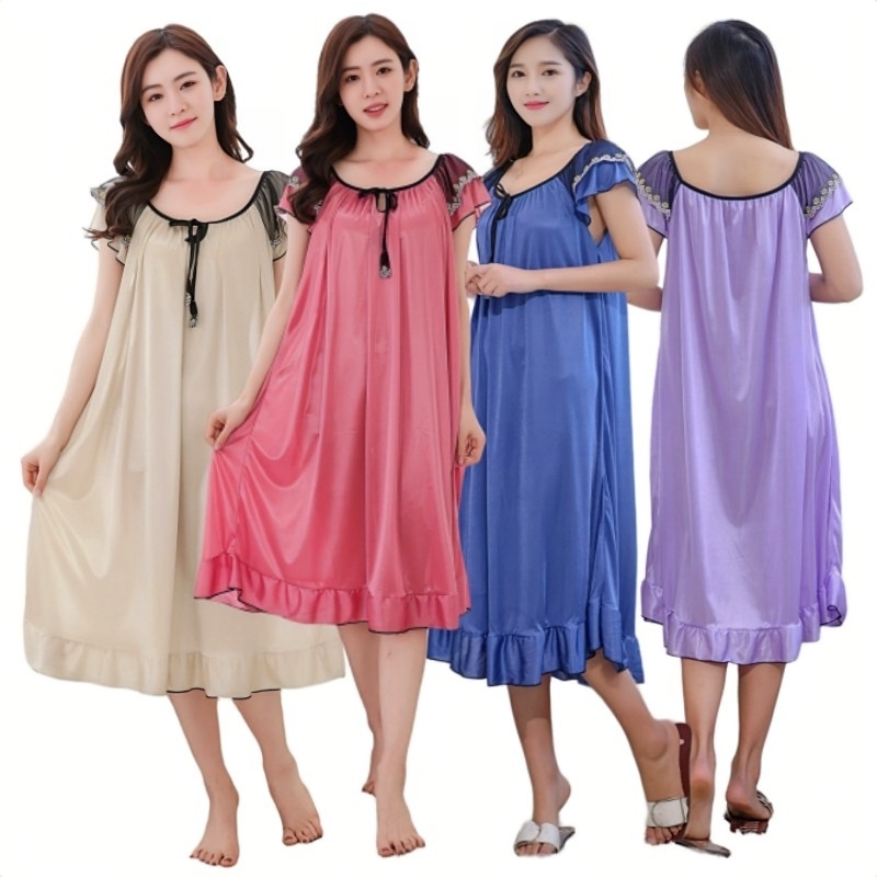 CHINEE Women Sexy Lace Nightgown O neck Short Sleeve Summer Night Dress New Lady Soft Ice Silk Sleepwear