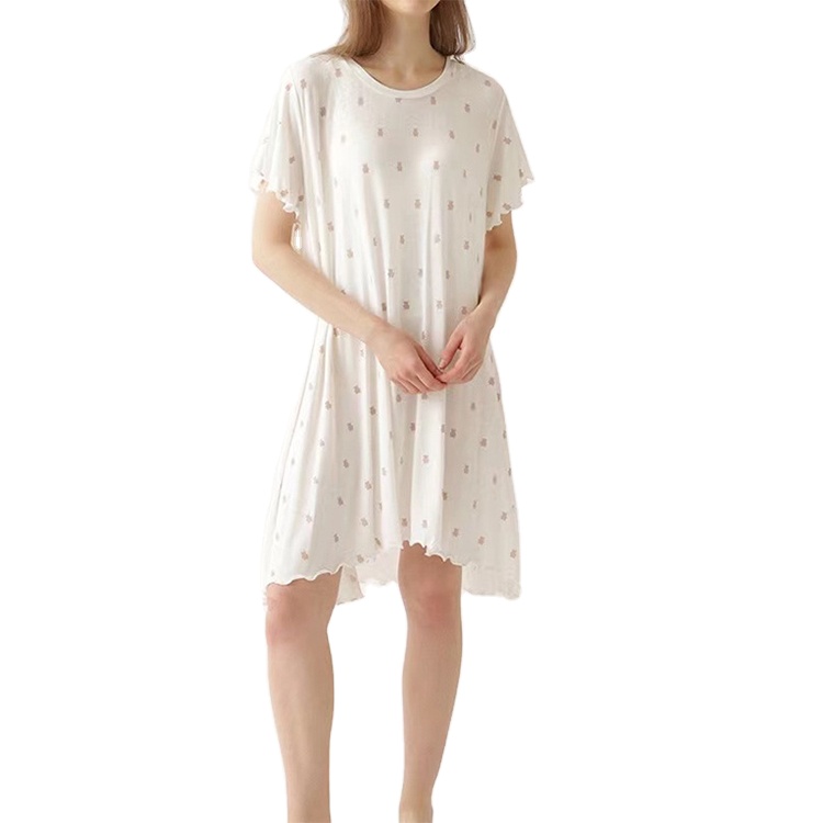 CHINEE Women Short Sleeve Breathable Sleepwear Printed Korean Pajama Dress Cotton Night Shirt for Sleeping