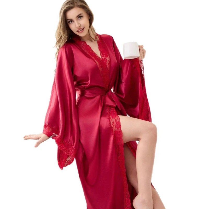 CHINEE Women Silk Robes Long Night Dressing Gown Lace Satin Bath Robes Sleepwear Lingerie Ladies Kimono Belt Night Dress Nightgown