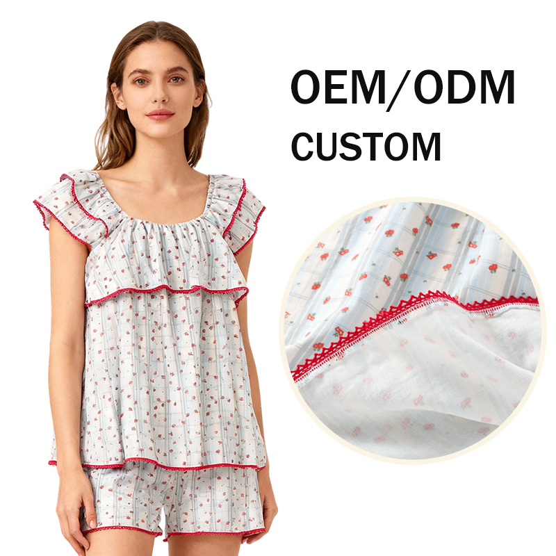 CHINEE Women Sleepwear Double-layer Gauze Halter-neck Nightdress Rustic Style with Cap Sleeves Loungewear Set