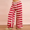 CHINEE Women Striped Wide Leg Lounge Pants Elastic Waist Drawstring Red White Stripe Casual Summer Beach Trousers Flowy Pajama Bottoms