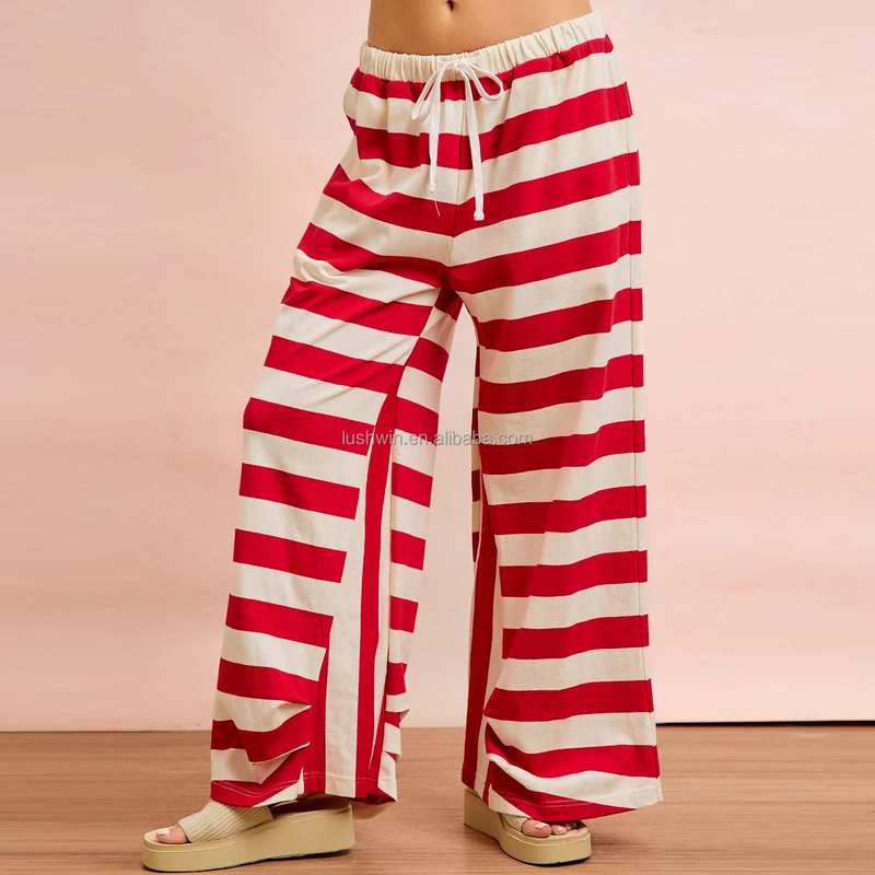 CHINEE Women Striped Wide Leg Lounge Pants Elastic Waist Drawstring Red White Stripe Casual Summer Beach Trousers Flowy Pajama Bottoms