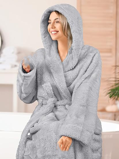 CHINEE Women Summer Hooded Plush Soft Robe Fluffy Warm Fleece Shaggy Bathrobe Water Absorption