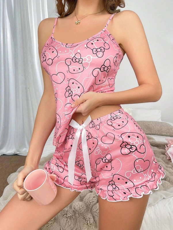 CHINEE Women Summer Knitted Camisole Pajama Set Cute Cartoon Print Drawstring Home Pajamas Sleepwear Loungewear