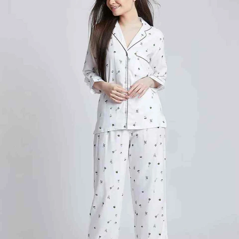 CHINEE Women Two Pieces Sleepwear Sets Round Neck Dot Print Long Sleeved Tops and Long Women's Pajama Set