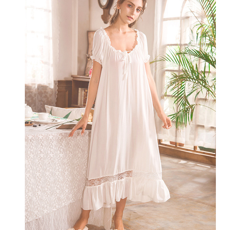 CHINEE Women White Color Nightwear Sleepwear Dress Long Nightgown in Cotton