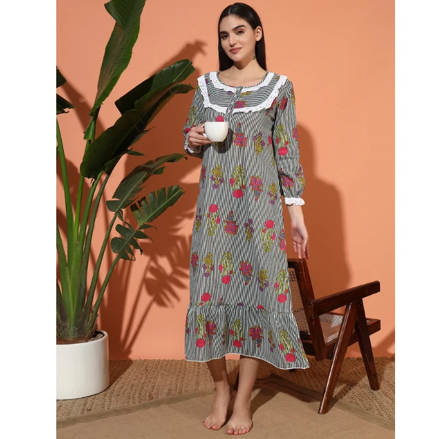 CHINEE Women's 100% Cotton Elegant Casual Victorian Floral Print Breathable Soft Smooth Summer Autumn Knitted Nightgown Full Sleeves