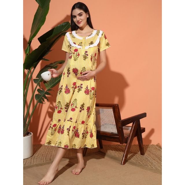CHINEE Women's 100% Cotton Elegant Maternity Lace Nightgown Half Sleeves Full Length Breathable Fabric Neck Floral Print Summer Casual