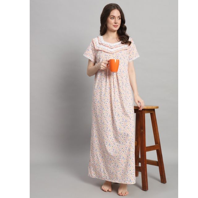 CHINEE Women's 100% Cotton Lace Nightgown Half Sleeves Full Length Smooth Soft Breathable Fabric Floral Print Elegant Casual Spring