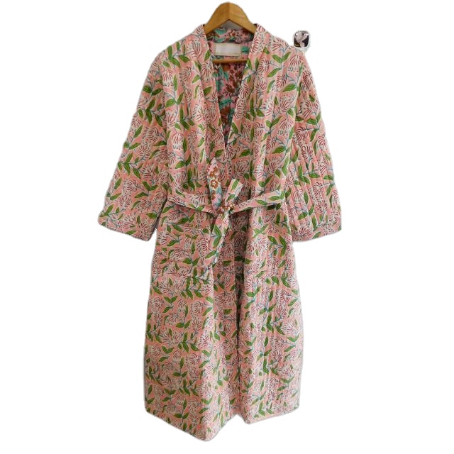 CHINEE Women's 100% Cotton Quilted Bathrobe Kimono Dress Hand Block Floral Print Quick Dry Breathable Sleepwear Gown for Winter Summer