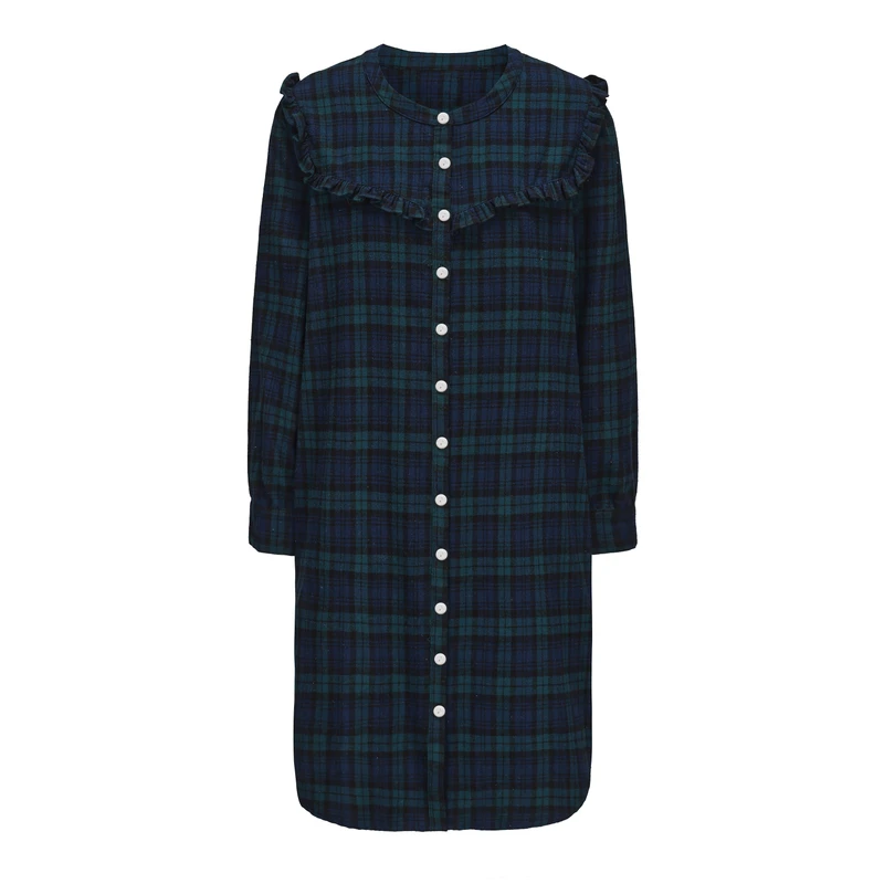 CHINEE Women's 100% Cotton Winter Nightgowns Button Front Long-sleeve Shirt Pajama Set Plaid Shirt Night Dress