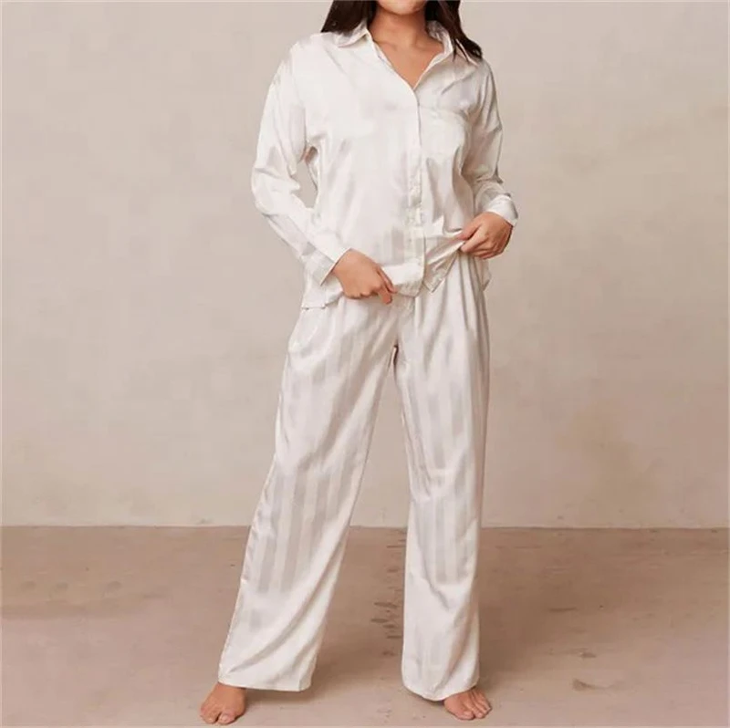 CHINEE Women's 100% Silk Breathable Luxury Casual Pyjama Shirt Solid Pattern Knitted Pajamas Set for Spring Lounge Wear