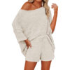 CHINEE Women's 2 Piece Outfits Sweater Sets Off Shoulder Knit Top Shorts Matching Suits Cute Pajama Lounge Set