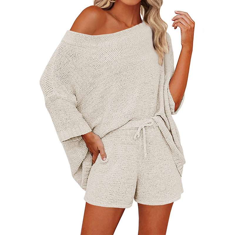 CHINEE Women's 2 Piece Outfits Sweater Sets Off Shoulder Knit Top Shorts Matching Suits Cute Pajama Lounge Set