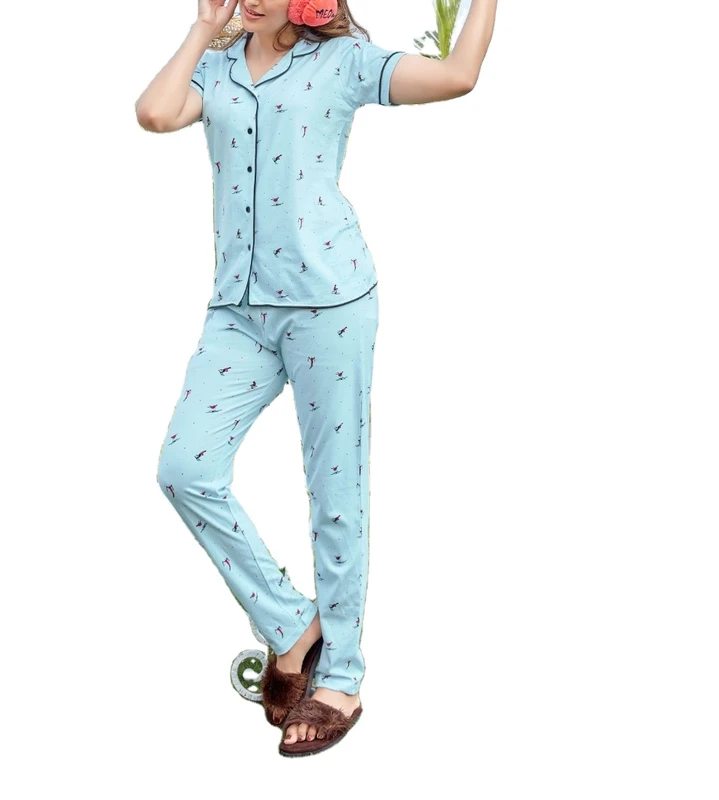CHINEE Women's 2 Piece Satin Cotton Night Suit with Machine Embroidery Breathable & High Quality Winter Sleepwear