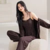 CHINEE Women's 3 Piece Nightgown Homewear Set Breathable Quick Dry Elastic Waist Cotton Blend Sexy Lace Straps Sleepwear