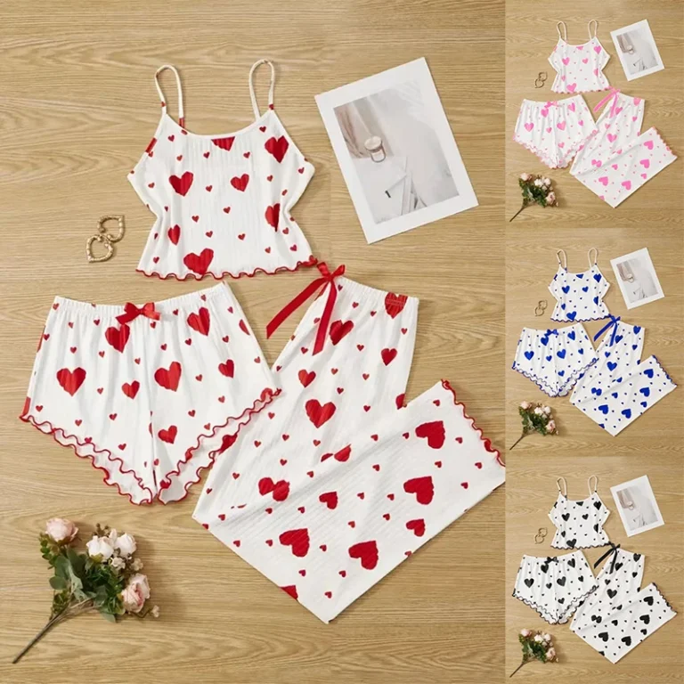 CHINEE-Womens-3-Piece-Summer-Pajama-Set-Heart-Print-Camisole-Shorts-Top-Breathable-Knit-Sleepwear-with-Elastic-Waist
