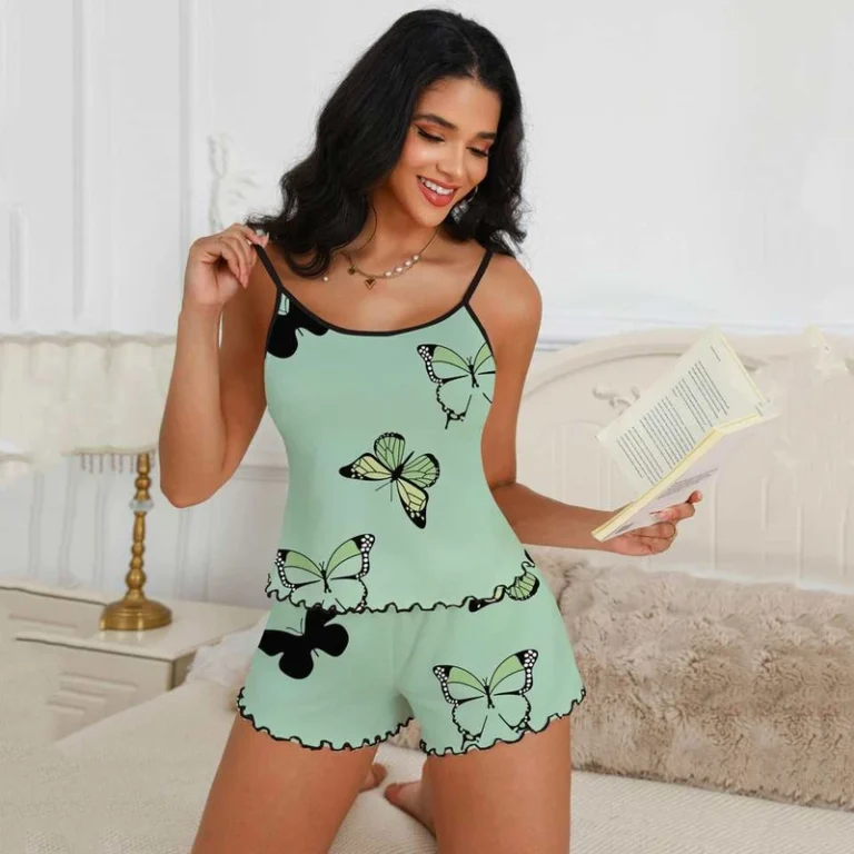 CHINEE-Womens-Autumn-Halter-Neck-Camisole-Shorts-Pajama-Set-Elastic-Waist-Printed-Butterfly-Design-Breathable-Spander-Polyester-Cute