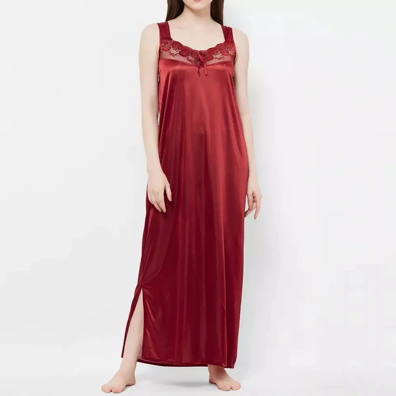 CHINEE Women's Black Satin Nightgown V Neck Sleeveless Lace Trim Sexy Sleepwear Knee Length Casual Eco Friendly Breathable Summer Wear