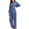 CHINEE Women's Blue Striped Satin Pajama Set Long Sleeve Full Length Classic Sleepwear Turn down Collar Button Fly