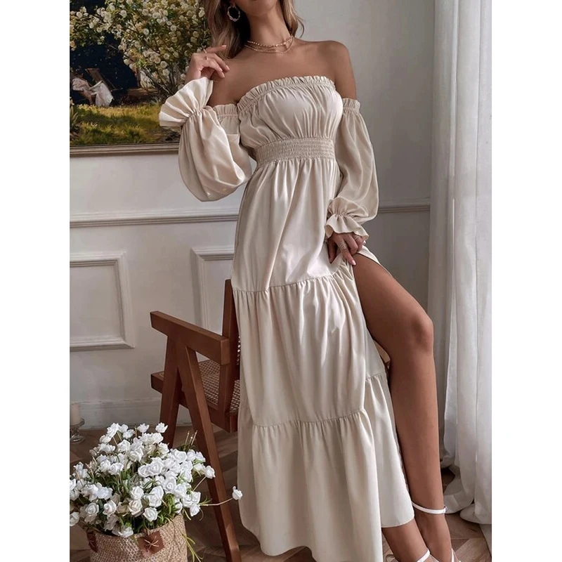 CHINEE Women's Boho Sexy Off Shoulder Silk Dress Long Sleeve Smocked High Waist Elegant for Party & Photoshoot