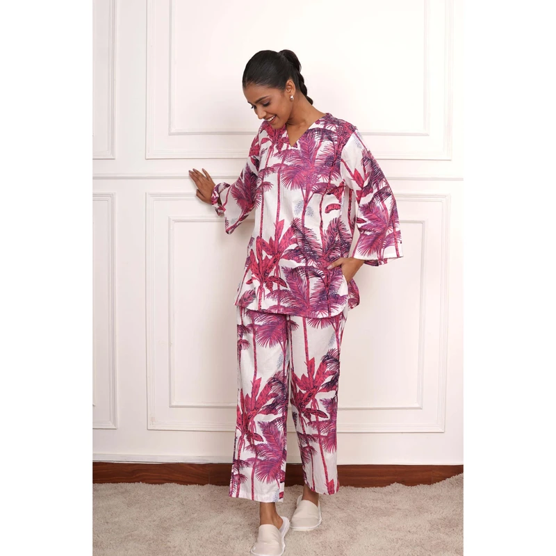 CHINEE Women's Breathable Casual Summer Nightwear Pajama Set Woven Modal Long Sleeve Elastic Waist Buttoned Drawstring