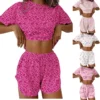 CHINEE Women's Breathable Leopard Sleepwear Soft Elastic Home Wear Viscose Polyester Short Sleeve Top Elastic Waist Pajamas