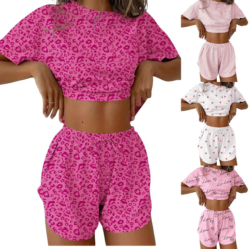CHINEE Women's Breathable Leopard Sleepwear Soft Elastic Home Wear Viscose Polyester Short Sleeve Top Elastic Waist Pajamas