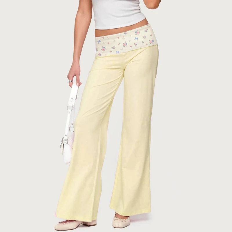CHINEE Women's Casual Floral Print Cargo Pants with High Waistband Folded Detail Ladies Home Pajama Trousers Four-way Stretch Fabric
