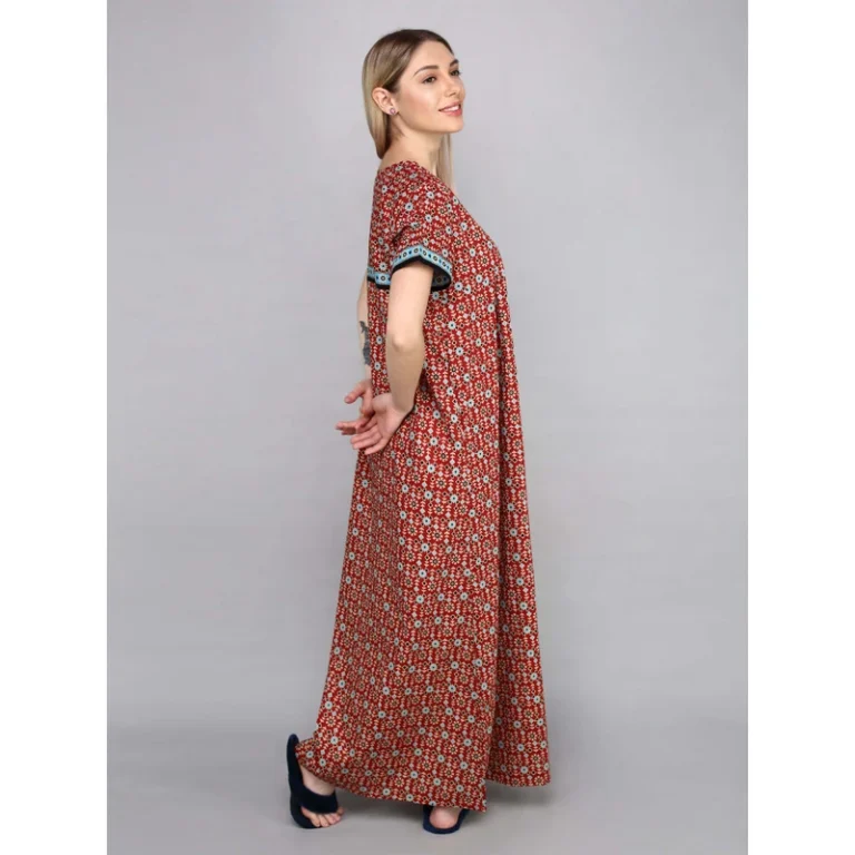CHINEE-Womens-Casual-Floral-Print-Cotton-Night-Dress-Long-Sleep-Robe-with-Drawstring-Closure-XS-Size-Soft-ODM-Woven-Fabric