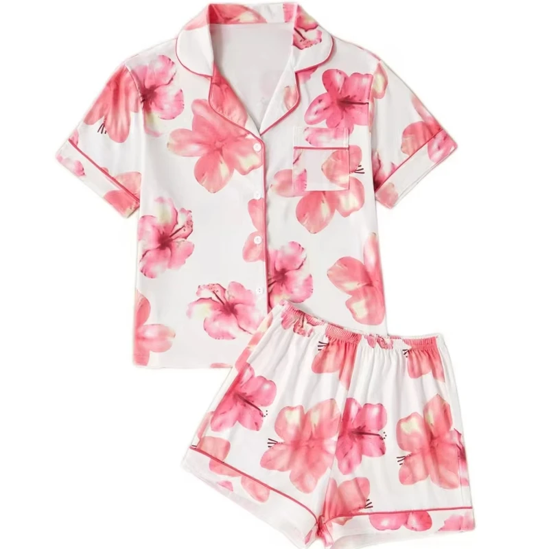 CHINEE Women's Casual Floral Print Two Piece Short Sleeve Knitted Breathable Soft Pajama Set for Summer Autumn Home Wear ODM Factory
