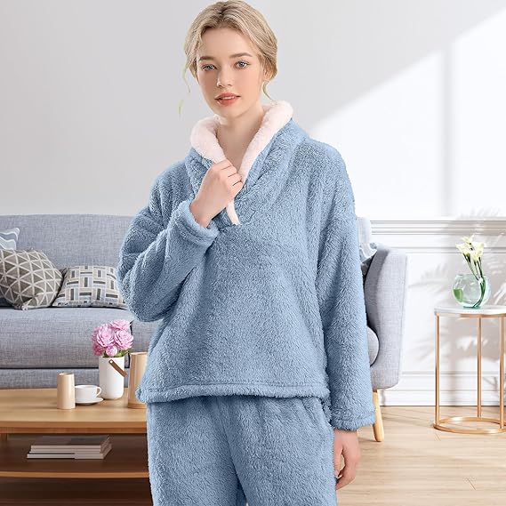 CHINEE Women's Casual Fluffy Pajamas Set Soft and Fleece Pants Breathable Loose Plush Sleepwear for Winter Loungewear