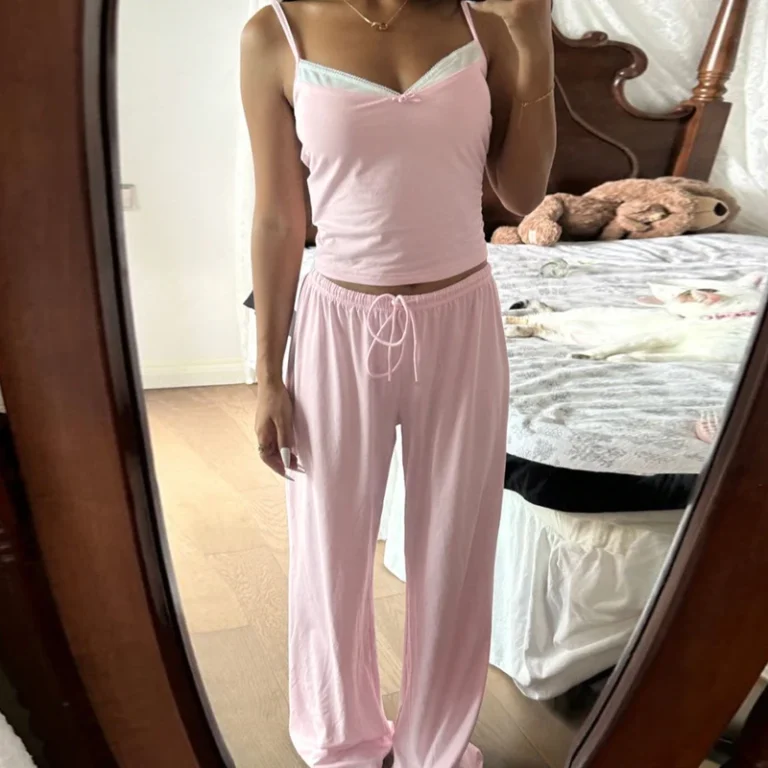 CHINEE-Womens-Casual-Knitting-Pajamas-Set-Bow-Collar-Cami-Wide-Leg-Pants-Washed-Fabric-Breathable-Eco-Friendly-Sleepwear-for-Home-Wear