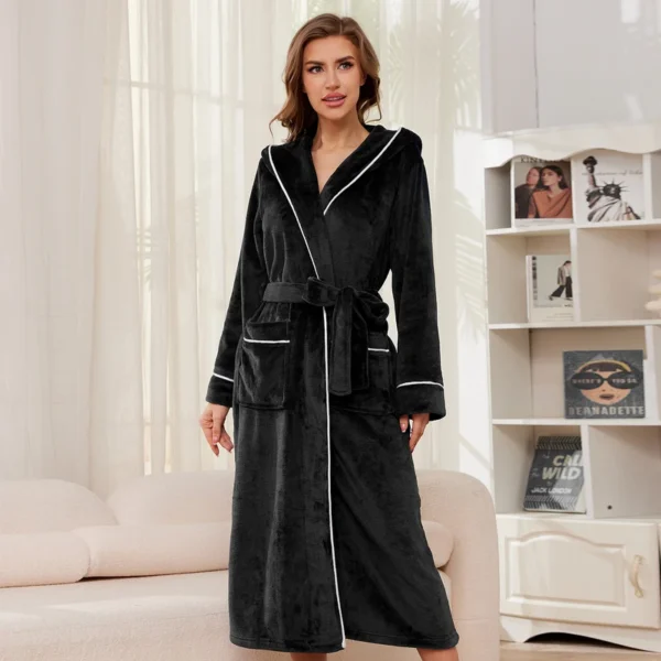 CHINEE Women's Casual Luxury Flannel Bathrobe for Winter Elegant Long Hooded Nightgown Comfortable Solid Thermal Home Use Front Logo