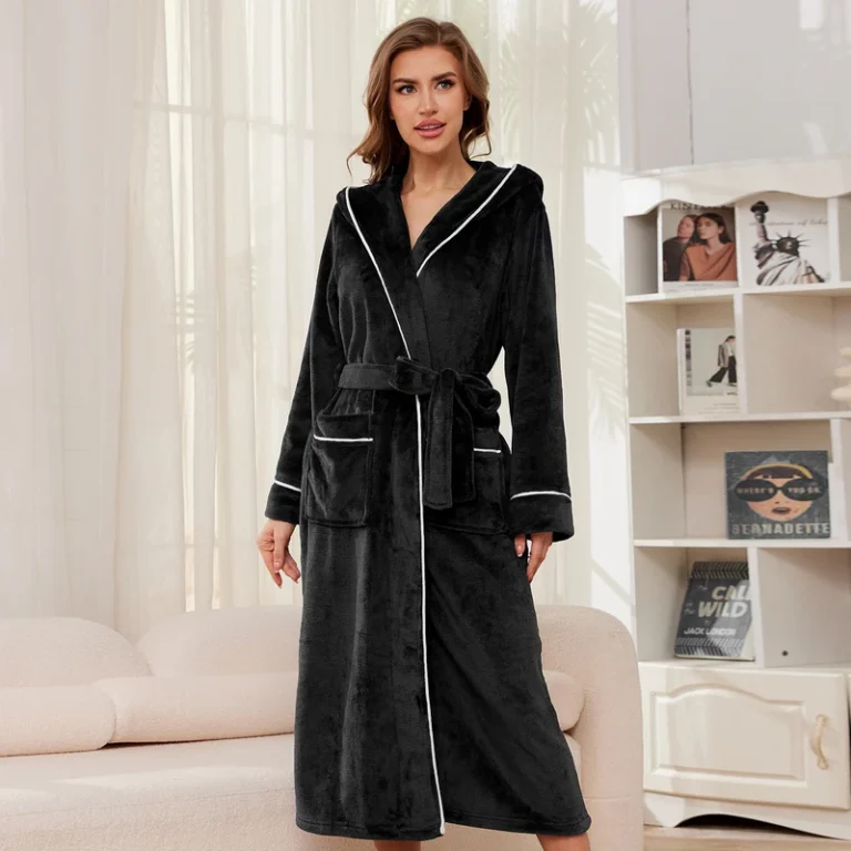 CHINEE Women's Casual Luxury Flannel Bathrobe for Winter Elegant Long Hooded Nightgown Comfortable Solid Thermal Home Use Front Logo