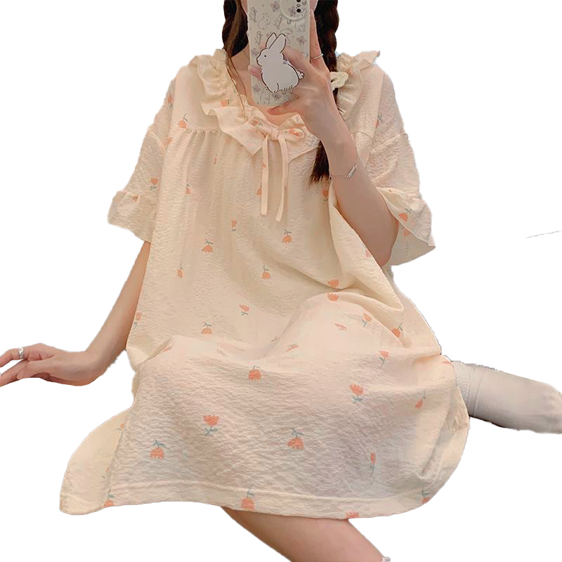 CHINEE Women's Casual Short Sleeved Floral Knee Length Loose Fit Nightdress Ruched Pajamas for Summer Manufactured Womens Clothing
