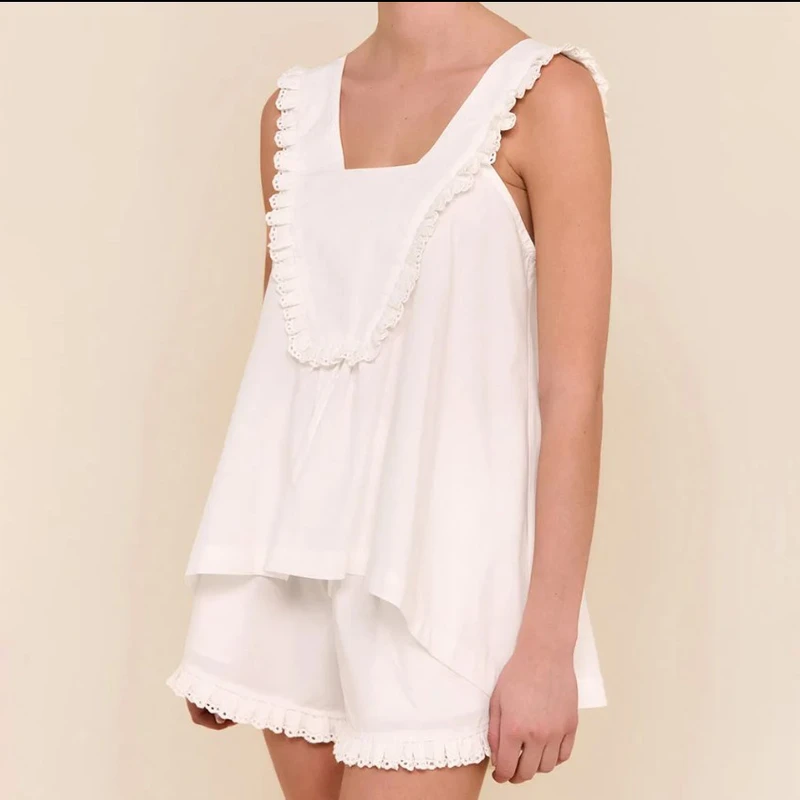 CHINEE Women's Casual Sleeveless Satin Tank Top Pajama Set 100% Cotton White Trim Drawstring Closure for Home Sleep Summer