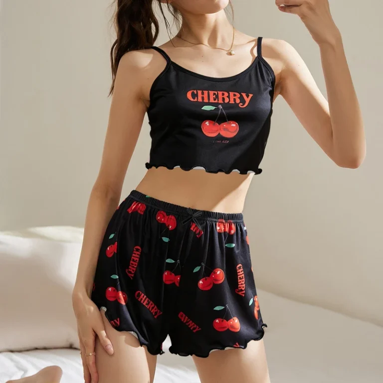 CHINEE-Womens-Casual-Summer-Comfortable-Stretch-Camisole-Shorts-Pajama-Set-Cute-Knitted-Fabric-Two-Piece-Set-Factory