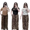CHINEE Women's Casual Two Piece Set Summer Short Sleeve Bow Decor T Shirt and Leopard Print Wide Leg Pants Set Ladies Loungewear Outfit