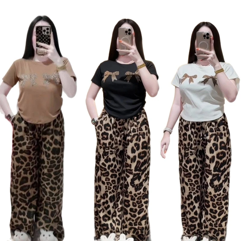 CHINEE Women's Casual Two Piece Set Summer Short Sleeve Bow Decor T Shirt and Leopard Print Wide Leg Pants Set Ladies Loungewear Outfit